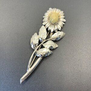 VTG Sterling Silver 925 Jasper Bezel Set Sunflower Design Brooch Size 3'' Length